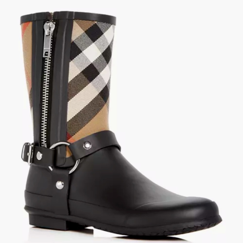 Burberry Black and Beige Check Rain Ankle Boots